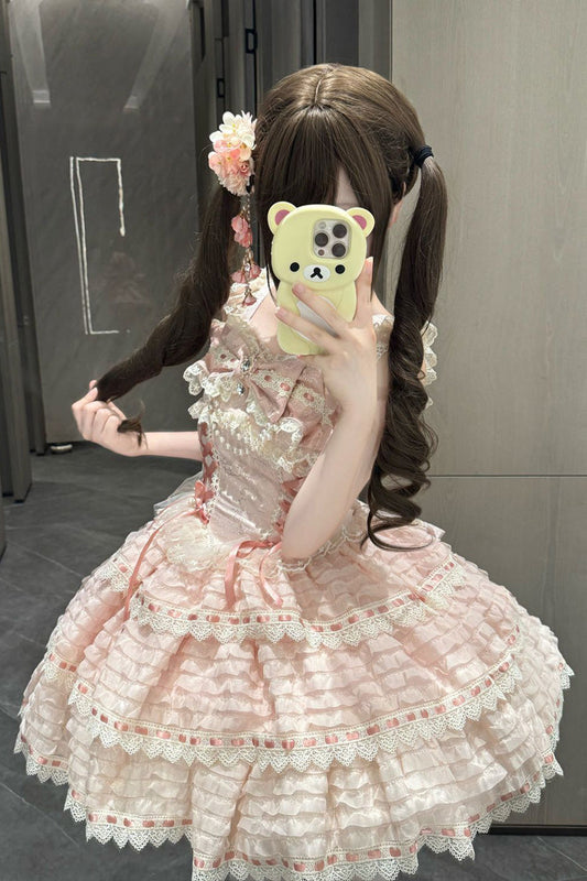 Pink Floral Letters Song Sleeveless Triple-Layered Bow Lace-Up Sweet Lolita Jsk Dress