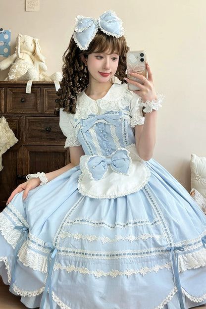Cotton Sleeveless Lace-Trimmed Sweet JSK with Bow Details
