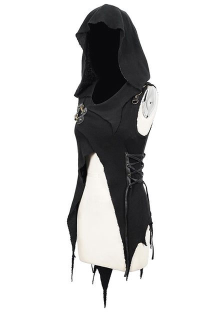 Hooded Asymmetric Gothic Sleeveless Top in Black - NoirEdge