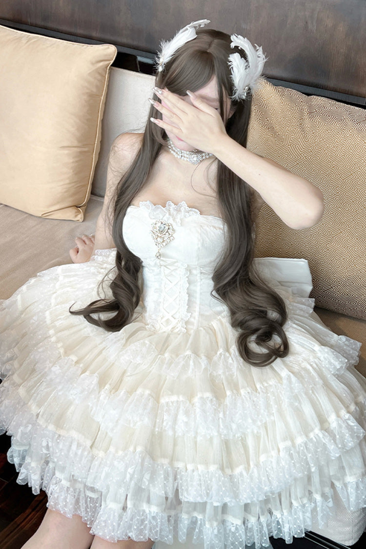 Heartbeat at First Sight Off-Shoulder Sleeveless Multi-Layered Ruffle Bowknot Lace Lace-Up Sweet Princess Gorgeous Lolita Dress in Beige