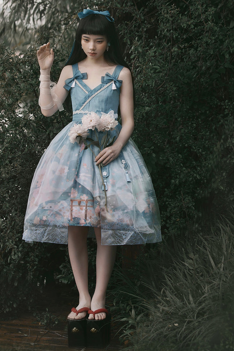 Colorful Fuji Sakura Print Bow Alice Lolita JSK Gown