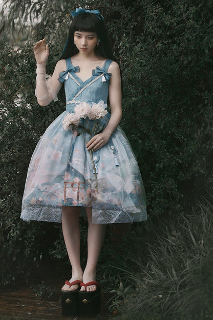 Colorful Fuji Sakura Print Bow Alice Lolita JSK Gown