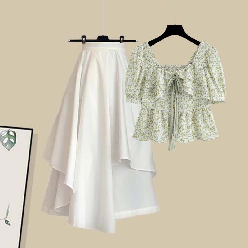 Green Floral Print T-Shirt Irregular Skirt Set