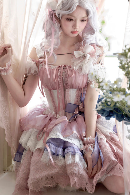 Pink Purple Rose Memoirs Sleeveless Multi-Layer Bow Lace Sweet Lolita Skirt Set
