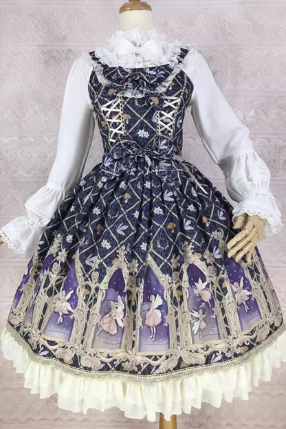 Dream Elf Print Ruffle Bowknot Jsk Dress - Sweet Lolita