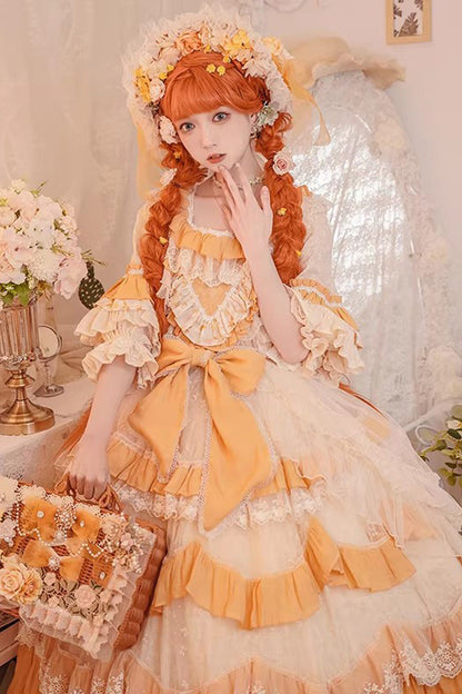 Apricot Yellow Floral Garden Cottage Square Collar Short Sleeve Layered Ruffle Lace Sweet Plus Lolita JSK