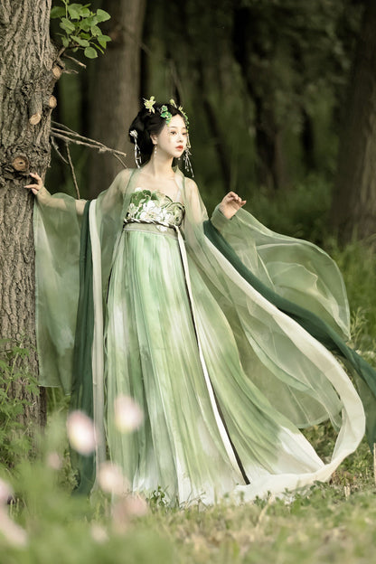 Emerald Qingyao Butterfly Flowers Embroidery Chinese Hanfu Full Set