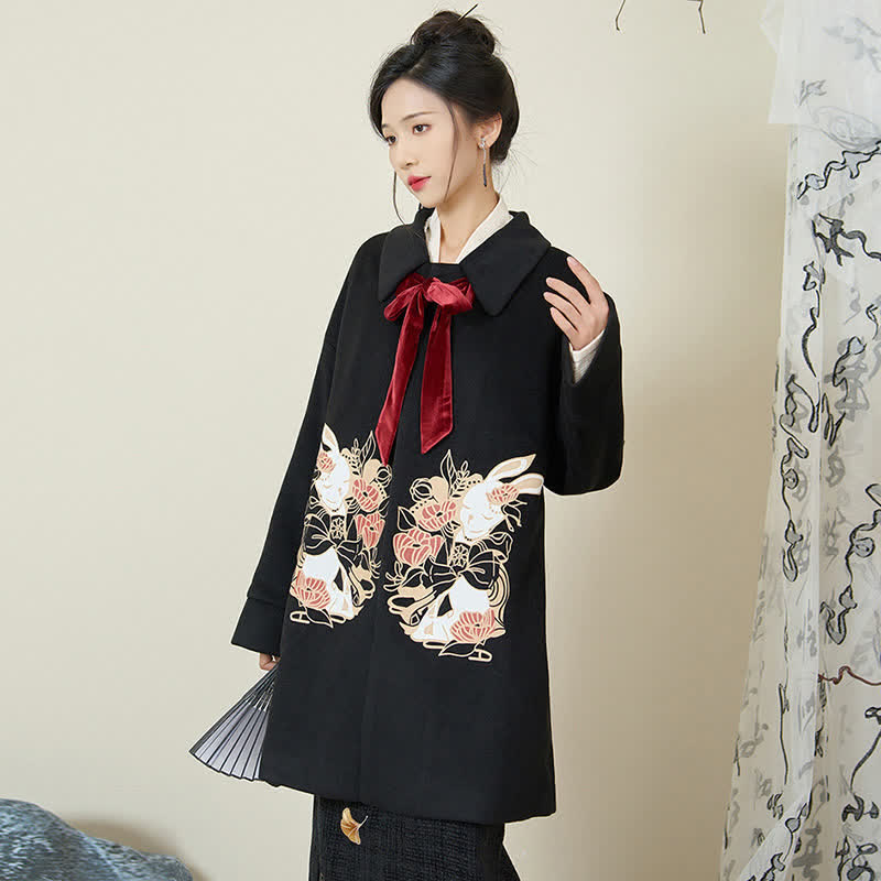 Elegant Bunny Embroideried Coat Shirt Floral High Waist Skirt