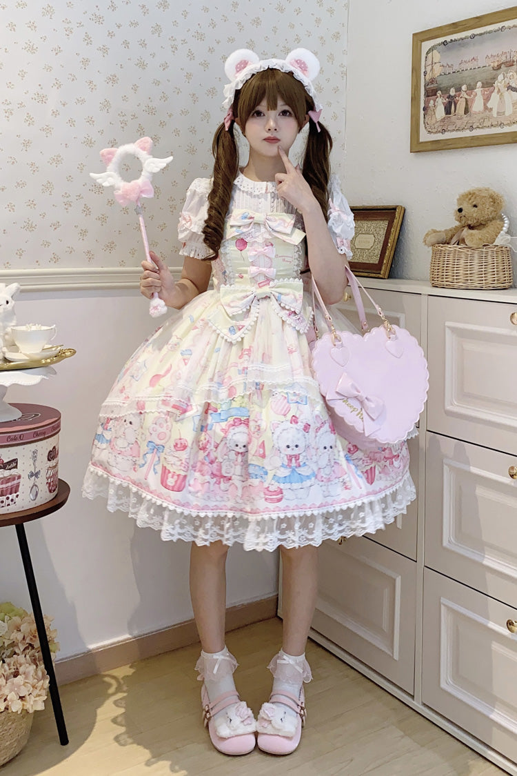 Golden Rabbit Print Ruffled Bow Lace Sweet JSK Attire