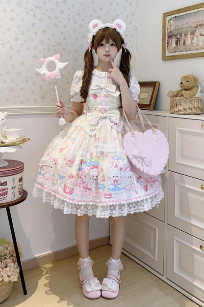 Golden Rabbit Print Ruffled Bow Lace Sweet JSK Attire