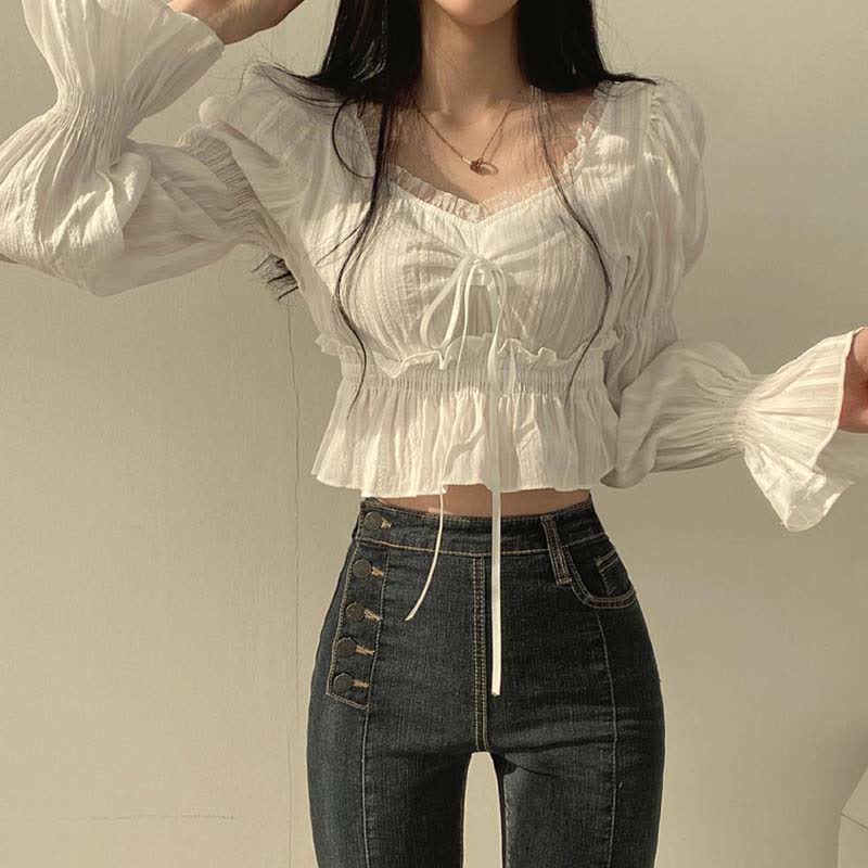 Dress Up Lace Irregular Set Slip Puff Sleeve Shirt Skirt