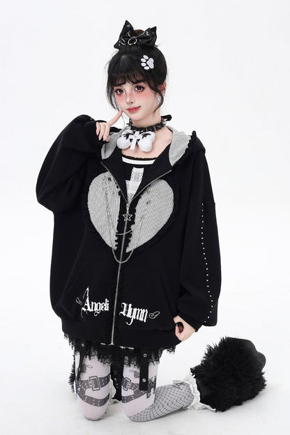 Striped Bunny Ear Hooded Heart Print Embroidery Coat Two Colors