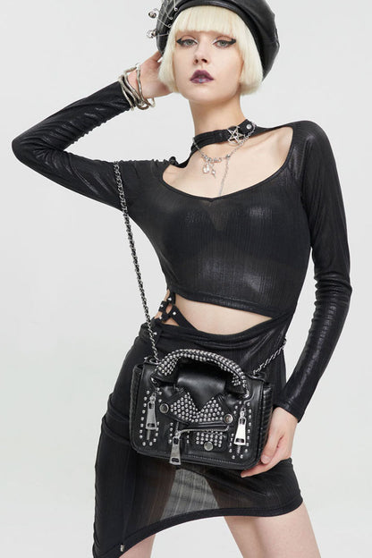 Edgy Rivet-Studded Faux Leather Shoulder Bag with Zipper Accents