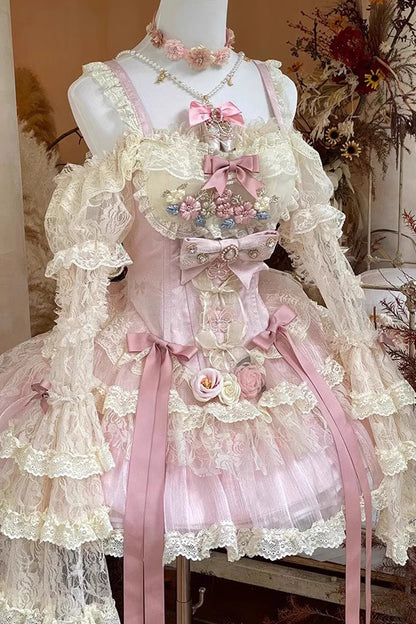 Pink Delicate Lace Flowers Love Song Bowknot Lace Sweet Lolita Dress