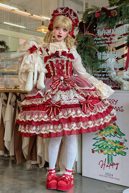 Ruby Gemstone Triple-Layered Bow Lace JSK Dress for Elegant Lolita
