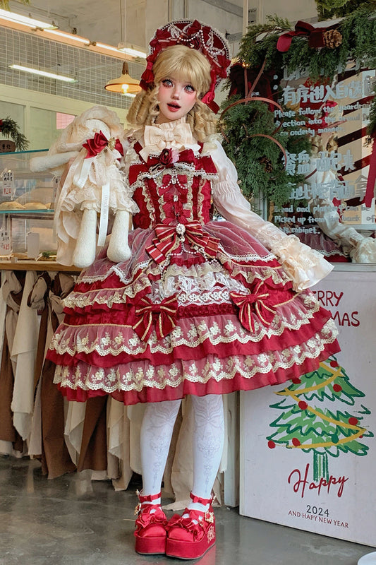 Ruby Gemstone Triple-Layered Bow Lace JSK Dress for Elegant Lolita