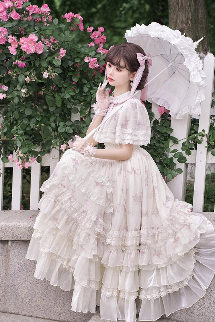 Bellflower Print Ruffled Lace Sweet Princess Gown