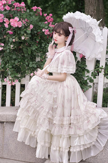 Bellflower Print Ruffled Lace Sweet Princess Gown