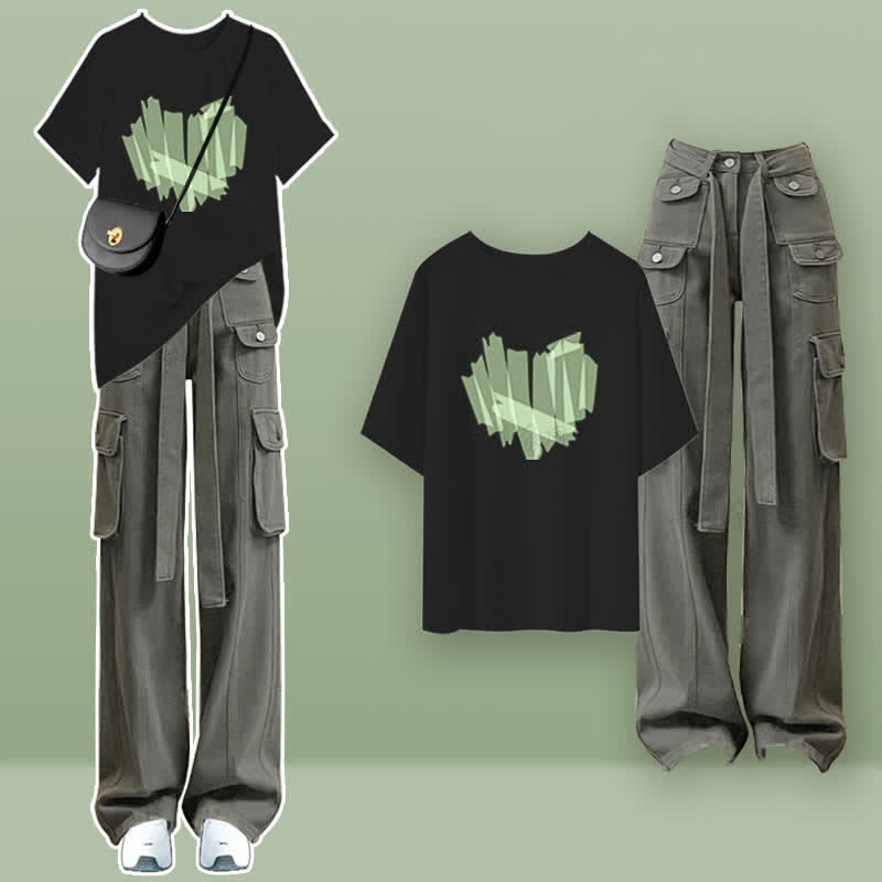 Ensemble t-shirt et pantalon cargo noir Love Heart