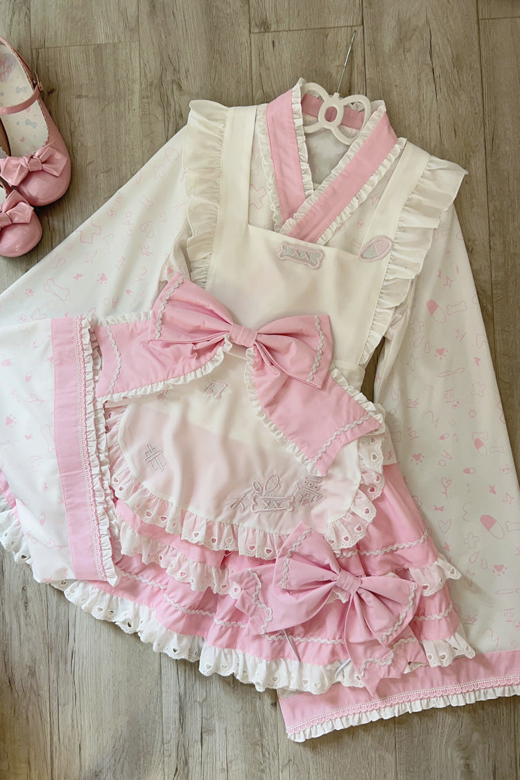 Pink White Double-Layer Ruffle Bow Maid Sweet Lolita Skirt Set