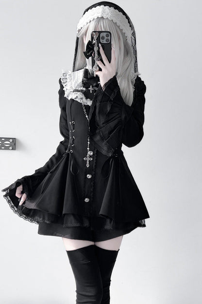 Japanese Jirai Kei Ruffle Dress Set with Flared Sleeves