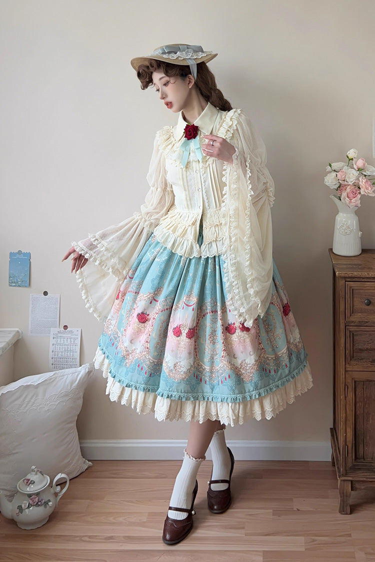 Ruffle-Embroidered Palace Skirt with Lace and Print