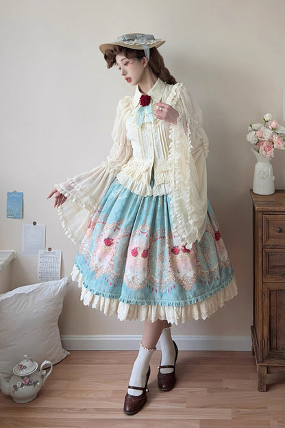 Ruffle-Embroidered Palace Skirt with Lace and Print