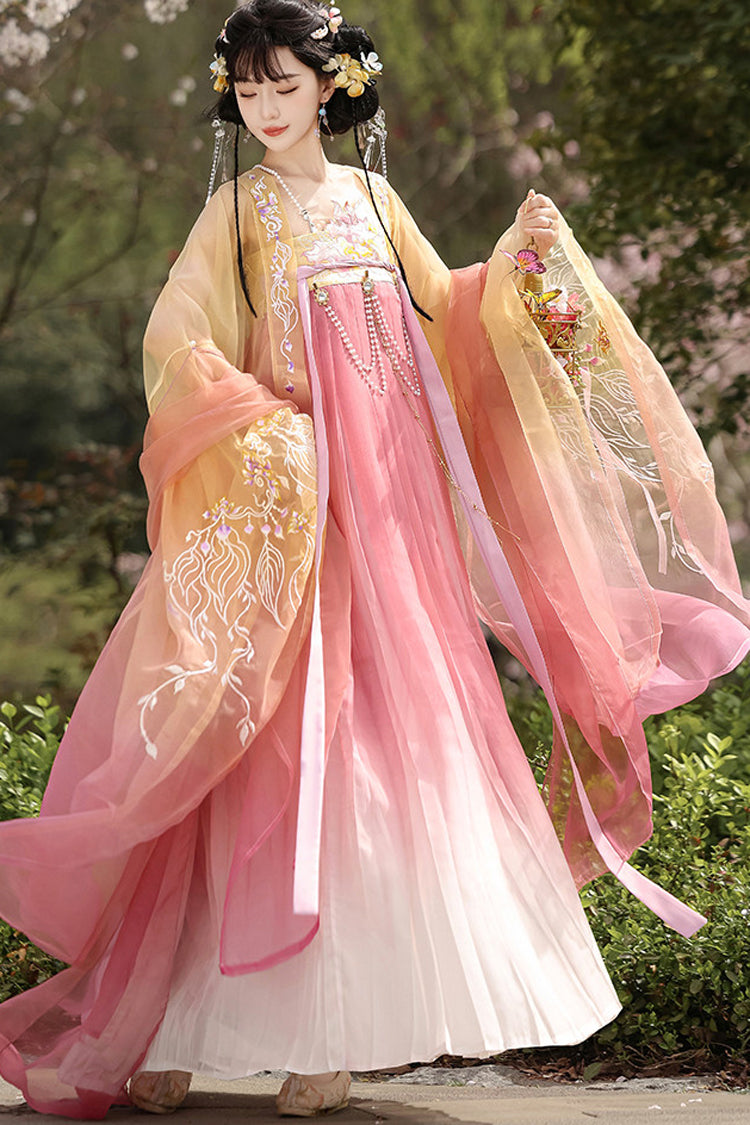 Tang Dynasty Inspired Embroidered High-Waist Hanfu Ensemble in Yellow and Pink