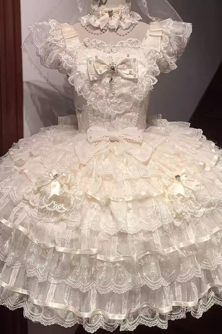 Apricot Feathers Ballad Sleeveless Multi-Layered Ruffle Hanayome Bow Sweet Lolita Jsk Dress