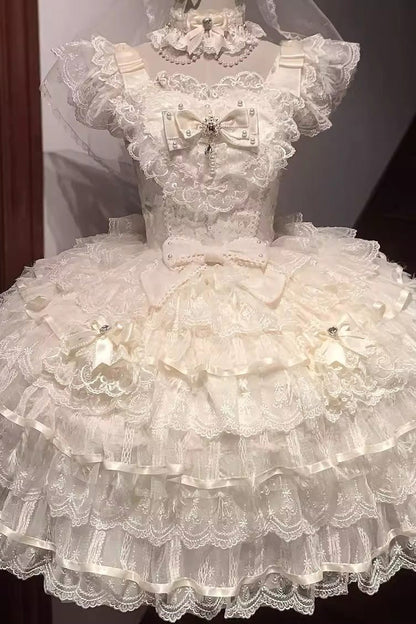 Apricot Feathers Ballad Sleeveless Multi-Layered Ruffle Hanayome Bow Sweet Lolita Jsk Dress