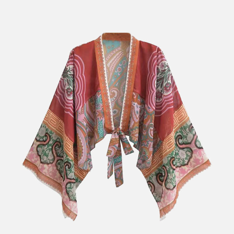 Boho Print Lace Up Cardigan Kimono Outerwear