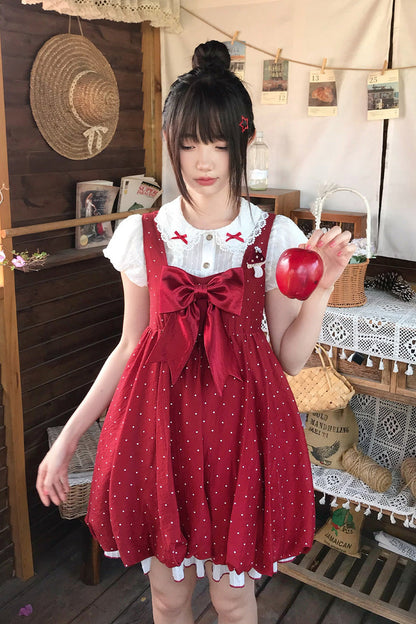 Red Little Mushroom Sleeveless Polka Dot Ruffle Bow Sweet Lolita JSK