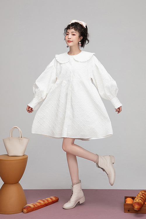 Plaid Jacquard Doll Collar Puff Sleeve OP