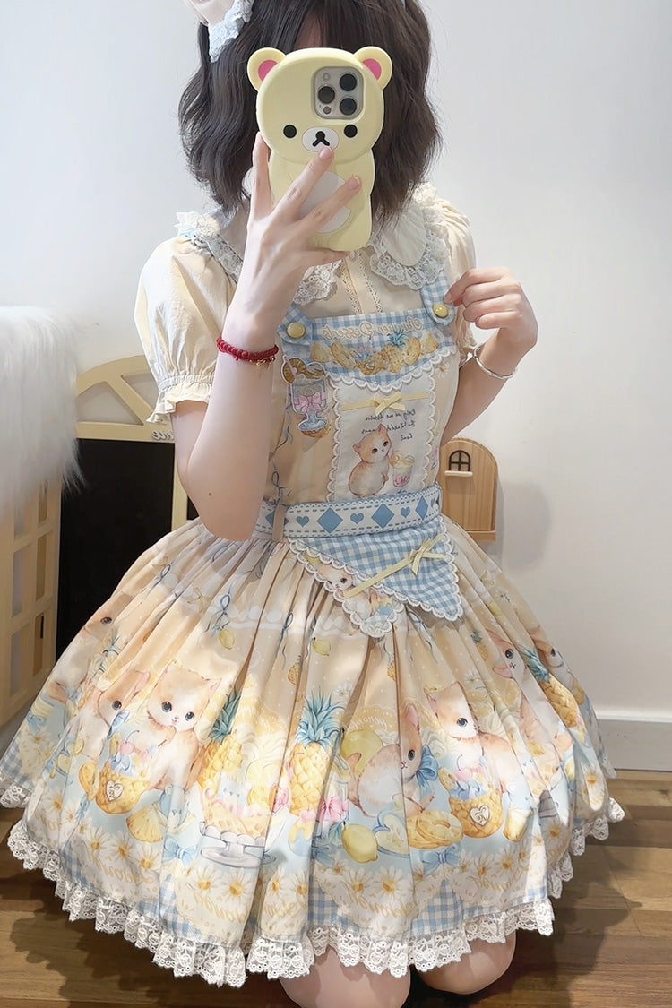 Pineapple Cat Print Sleeveless Bow Lace Sweet Lolita Strap Dress in Yellow