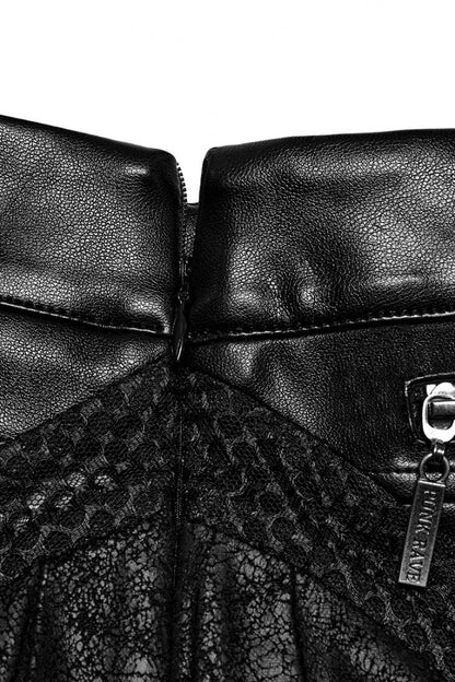 Pleated Punk Skirt with Stitching in Black Faux Leather for Women