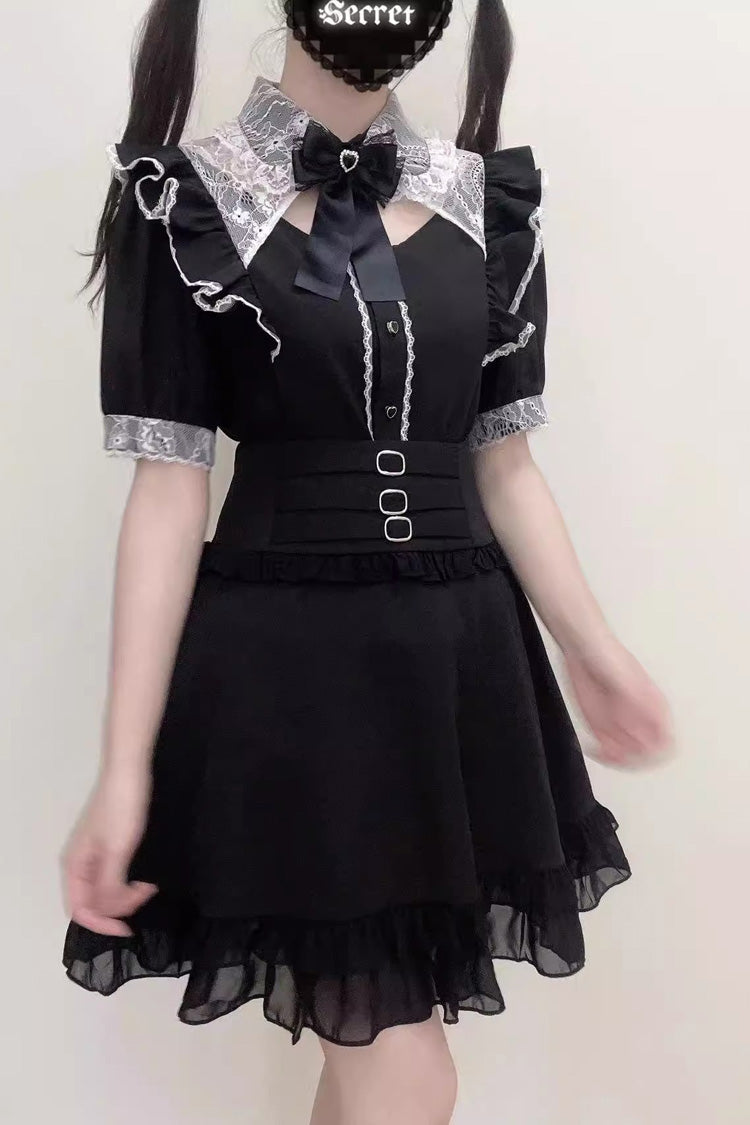 Short Sleeve Cutout Bow Lace Blouse Three Tones