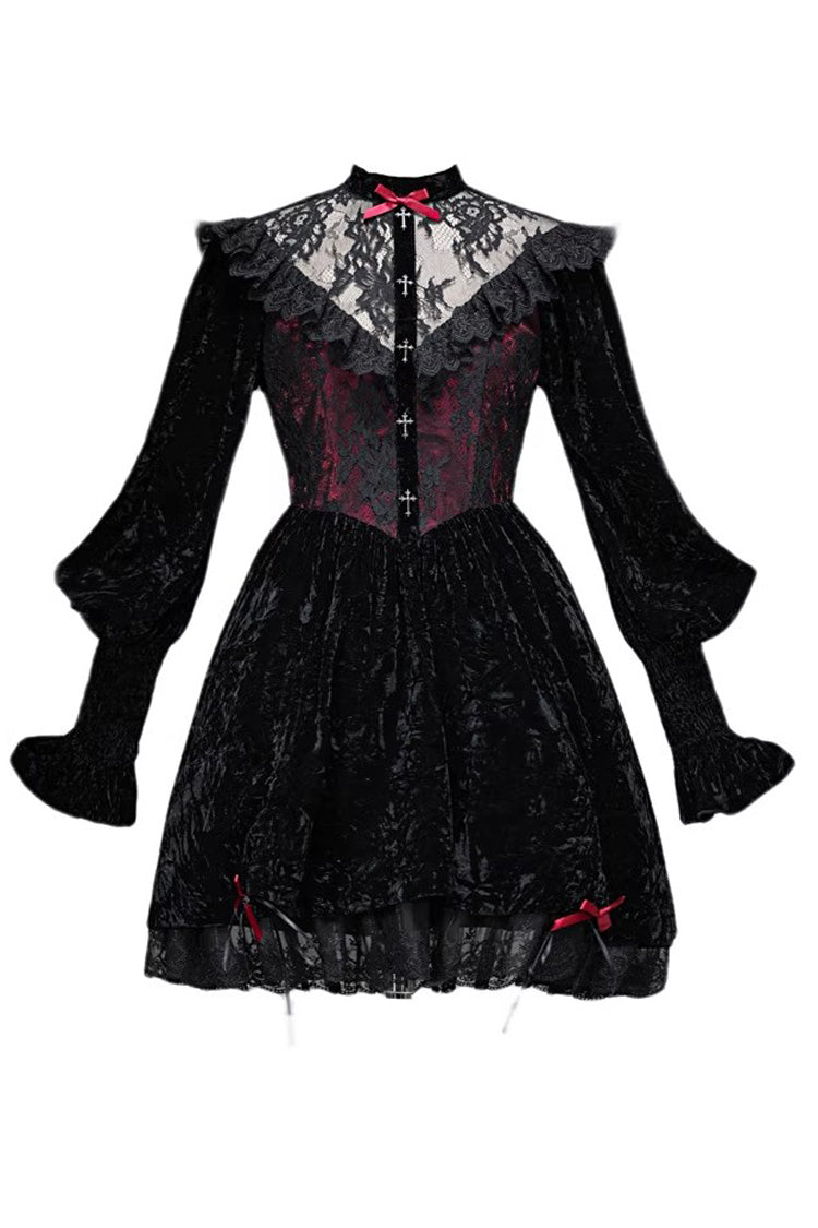 Rose Cemetery Puff Sleeve Lolita Dress with Hollow Lace - Noir