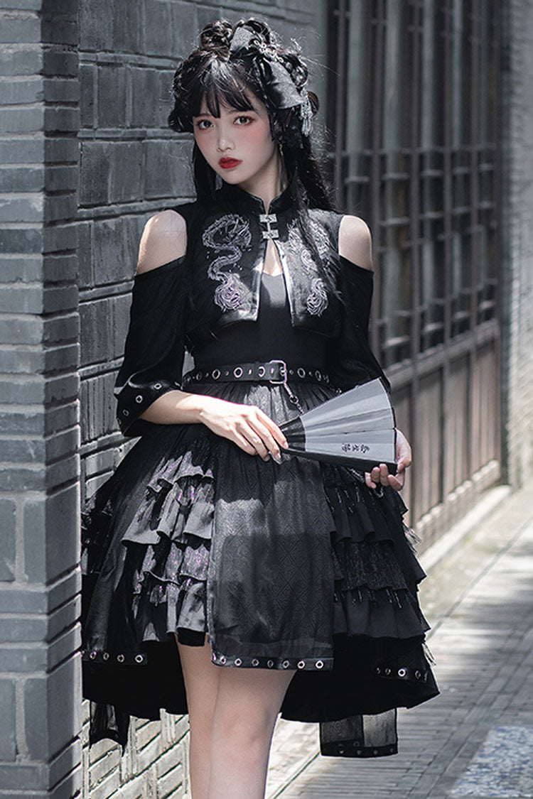 Dark Chinese-Style Gothic Lolita JSK with Dragon Print and Ruffled Layers