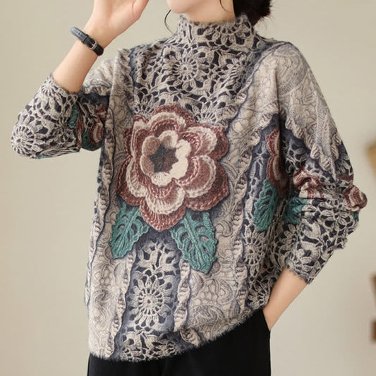 Pullover mit Rollkragen und Blüten-Print im Retro-Stil