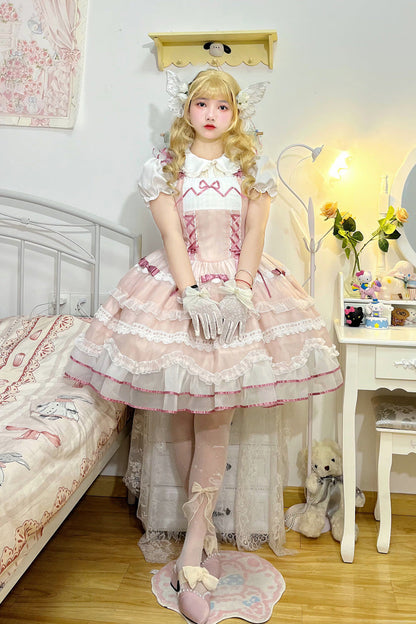 Pink Multi-layer Ruffle Bowknot Lace-Up Ballet Style Sweet Princess Lolita Tiered Dress
