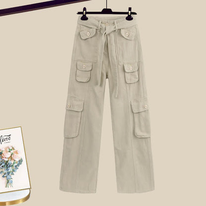 Collar Sleeveless Casual Round Cargo Chain Pants Top Crop