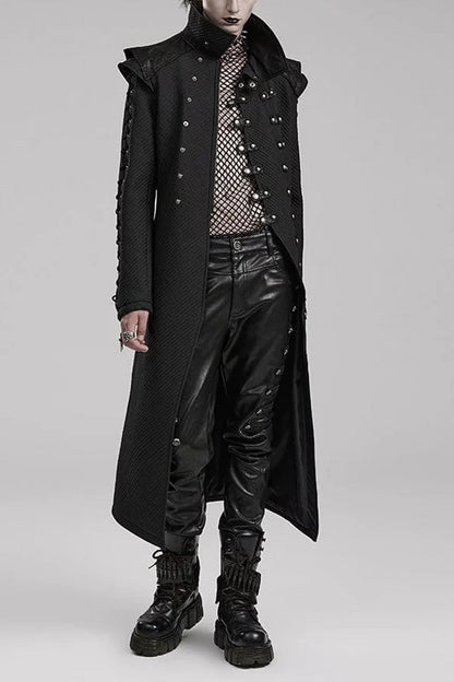 Men's Gothic Long Coat with Horizontal Stripes Eyelet String Side Detail