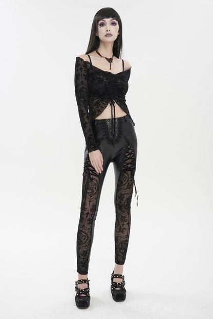 Gothic Women's Slim Leggings with Adjustable Lace Strings and Flocked Stretch