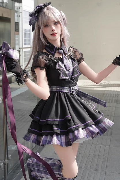 Purple Dark Night Rose Boat Neck Short Sleeve Plaid Print Ruffle Chain Gothic Lolita Dress