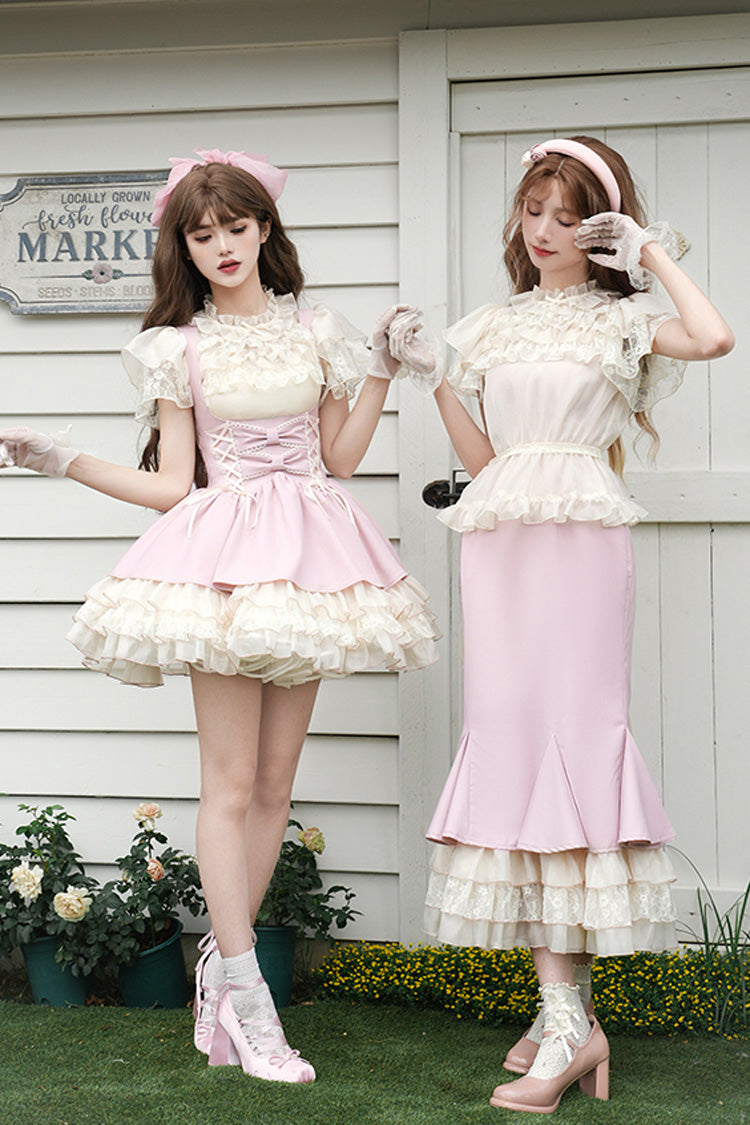Pink Multi-Tier Ruffle Bow Lace-Up Sweet Lolita Corset Gown - Love Diary