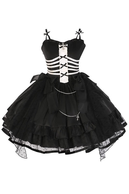 Black Gothic Princess Lolita JSK Dress with Multi-Layer Ruffles and Bowknot