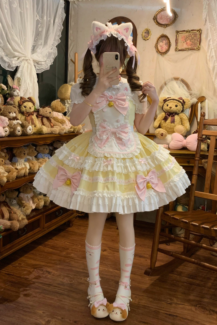 Meowling Sweet Maid Sleeveless Multi Layer Ruffle Bow Lace Princess Lolita JSK in Yellow