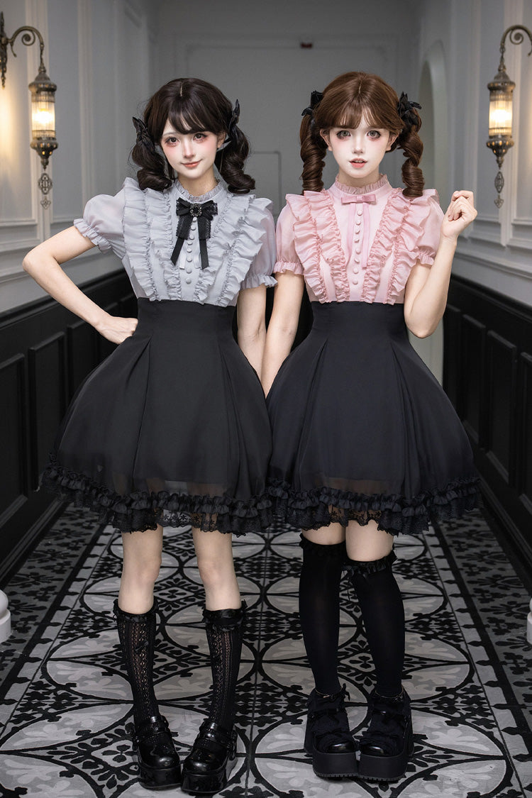 Puff-Sleeve Color-Blocked Faux Two-Piece Sweet Dress