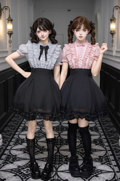 Puff-Sleeve Color-Blocked Faux Two-Piece Sweet Dress