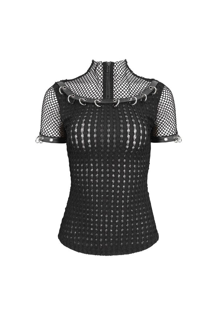 Punk Short-Sleeve Top with Mesh and Ring Embellishments
